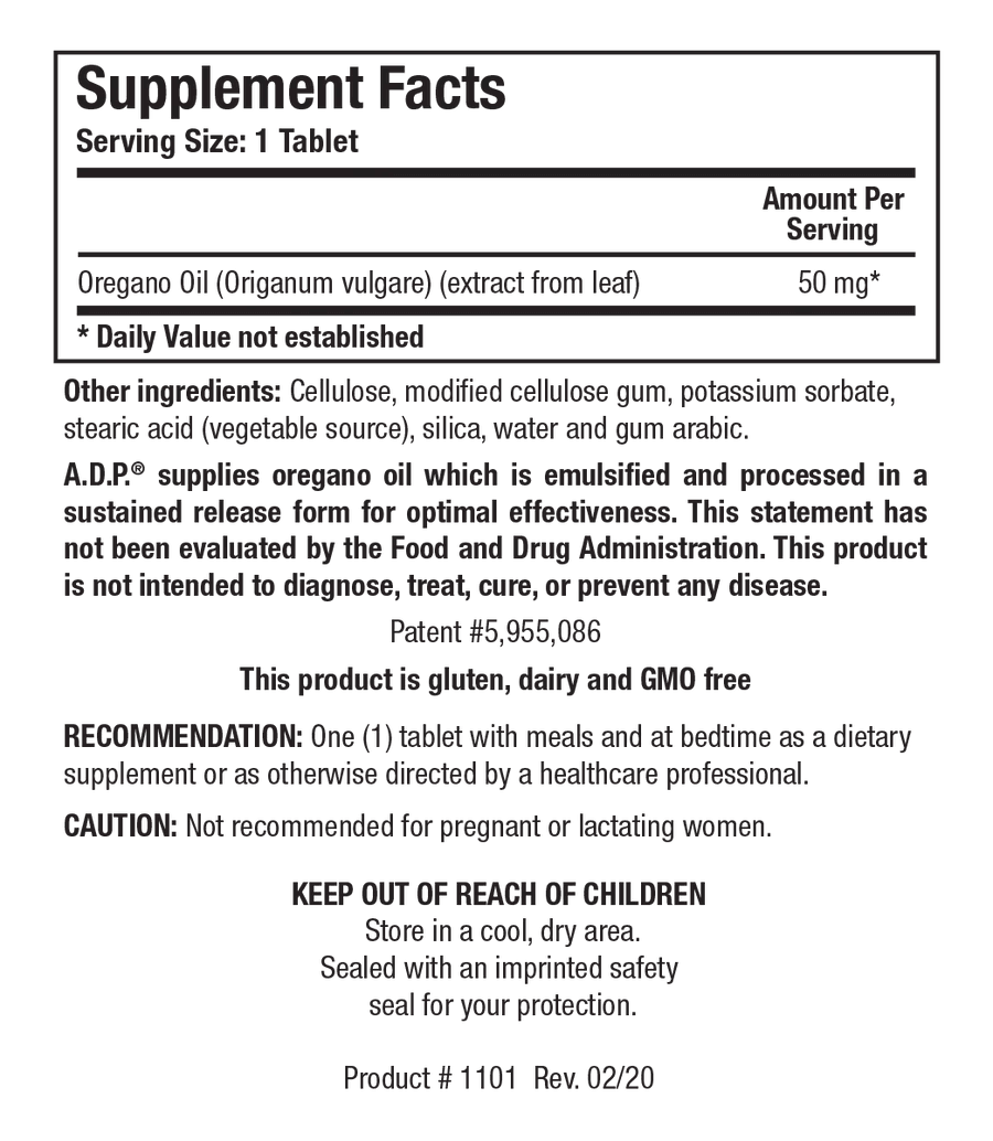 Supplement Facts label for Biotics Research A.D.P. showing a serving size of 1 tablet, containing 50 mg of Oregano Oil (Origanum vulgare) extracted from leaf in a sustained-release, emulsified form.