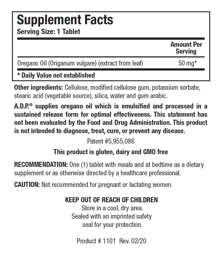 Supplement Facts label for Biotics Research A.D.P. showing a serving size of 1 tablet, containing 50 mg of Oregano Oil (Origanum vulgare) extracted from leaf in a sustained-release, emulsified form.