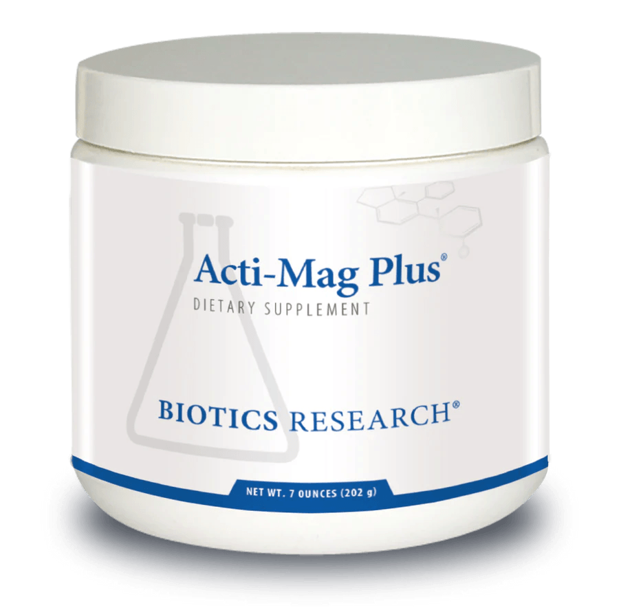 Biotics Research Acti-Mag Plus dietary supplement tub featuring white packaging with blue accents, a laboratory beaker graphic, and a net weight of 7 ounces (202 g)