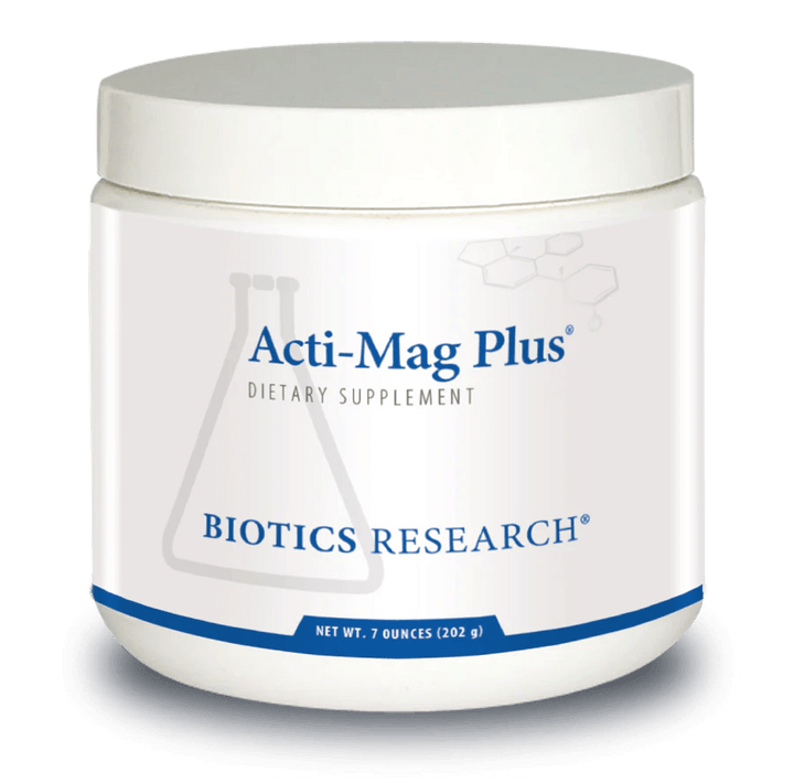 Biotics Research Acti-Mag Plus dietary supplement tub featuring white packaging with blue accents, a laboratory beaker graphic, and a net weight of 7 ounces (202 g)