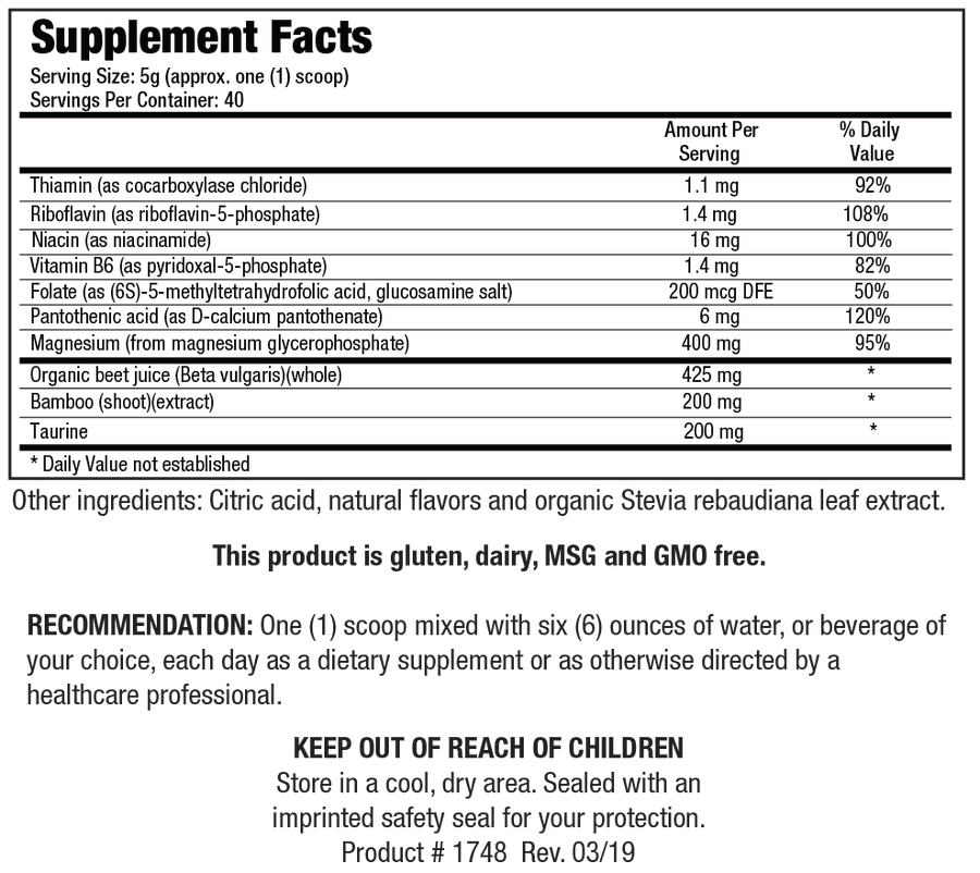 Supplement Facts label for Biotics Research Acti-Mag Plus showing a serving size of 5g (approx. one scoop), containing thiamin, riboflavin, niacin, vitamin B6, folate, pantothenic acid, 400 mg of magnesium (from magnesium glycerophosphate), organic beet juice, bamboo shoot extract, and taurine.