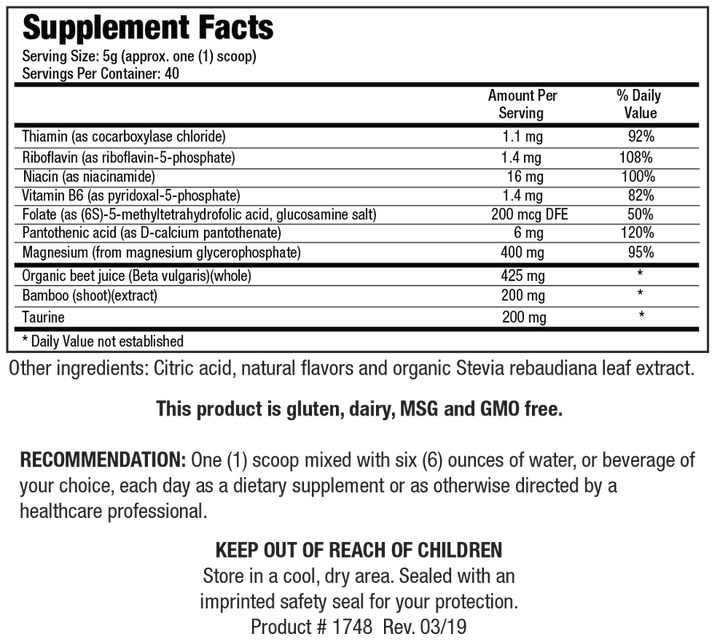 Supplement Facts label for Biotics Research Acti-Mag Plus showing a serving size of 5g (approx. one scoop), containing thiamin, riboflavin, niacin, vitamin B6, folate, pantothenic acid, 400 mg of magnesium (from magnesium glycerophosphate), organic beet juice, bamboo shoot extract, and taurine.