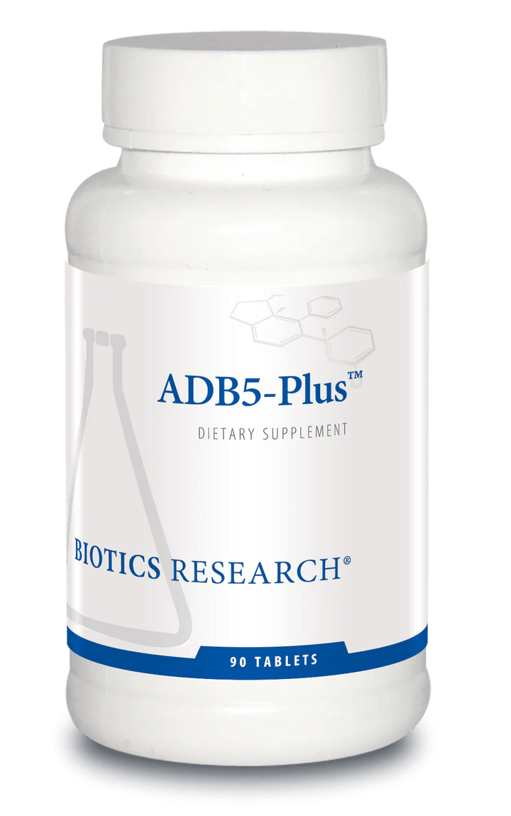 Biotics Research ADB5-Plus dietary supplement bottle featuring white packaging with blue accents, a laboratory beaker graphic, and a 90 tablets count