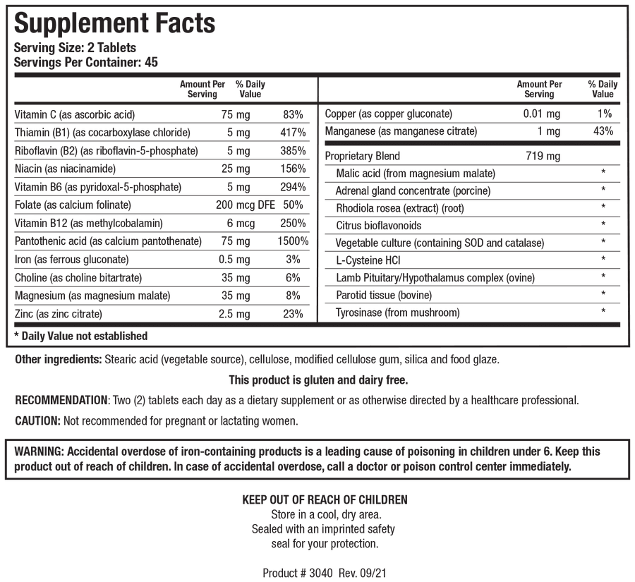 Supplement Facts label for Biotics Research ADB5-Plus showing a serving size of 2 tablets, containing vitamins (C, B1, B2, niacin, B6, folate, B12, pantothenic acid), iron, choline, minerals (magnesium, zinc, copper, manganese), and a 719 mg proprietary blend including malic acid, adrenal gland concentrate, Rhodiola rosea extract, citrus bioflavonoids, vegetable culture, L-Cysteine HCl, lamb pituitary/hypothalamus complex, parotid tissue, and tyrosinase.