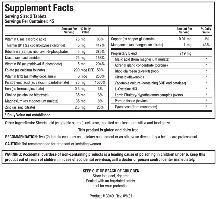 Supplement Facts label for Biotics Research ADB5-Plus showing a serving size of 2 tablets, containing vitamins (C, B1, B2, niacin, B6, folate, B12, pantothenic acid), iron, choline, minerals (magnesium, zinc, copper, manganese), and a 719 mg proprietary blend including malic acid, adrenal gland concentrate, Rhodiola rosea extract, citrus bioflavonoids, vegetable culture, L-Cysteine HCl, lamb pituitary/hypothalamus complex, parotid tissue, and tyrosinase.