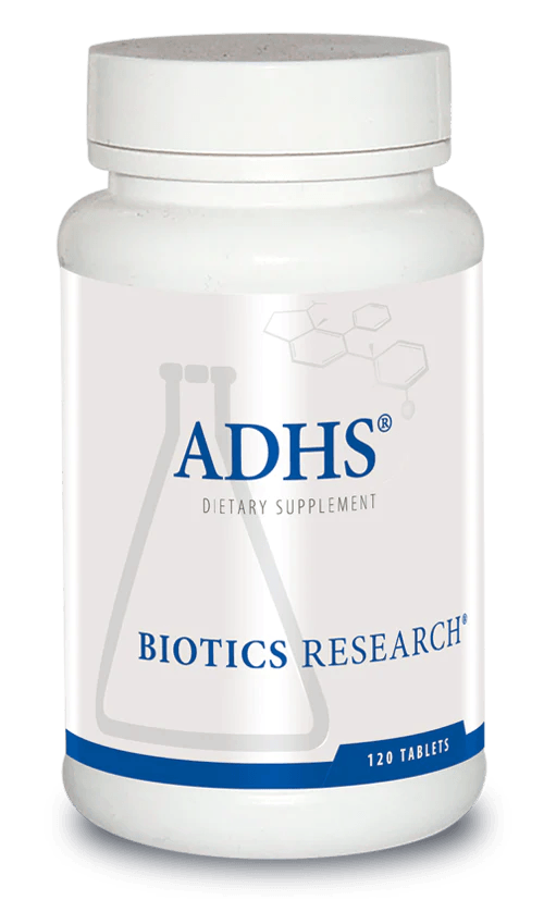 Biotics Research ADHS dietary supplement bottle featuring white packaging with blue accents, a laboratory beaker graphic, and a 120 tablets count.
