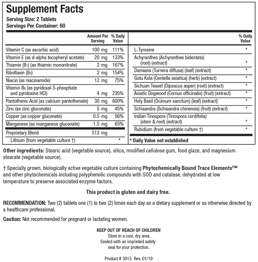 Supplement Facts label for Biotics Research ADHS showing a serving size of 2 tablets, containing vitamins (C, E, thiamin, riboflavin, niacin, B6, pantothenic acid), minerals (zinc, copper, manganese), L-Tyrosine, a 513 mg proprietary blend of herbal extracts (Achyranthes, Damiana, Gotu Kola, Sichuan Teasel, Asiatic Dogwood, Holy Basil, Schisandra, Indian Tinospora), and trace elements (rubidium and lithium) from vegetable culture.