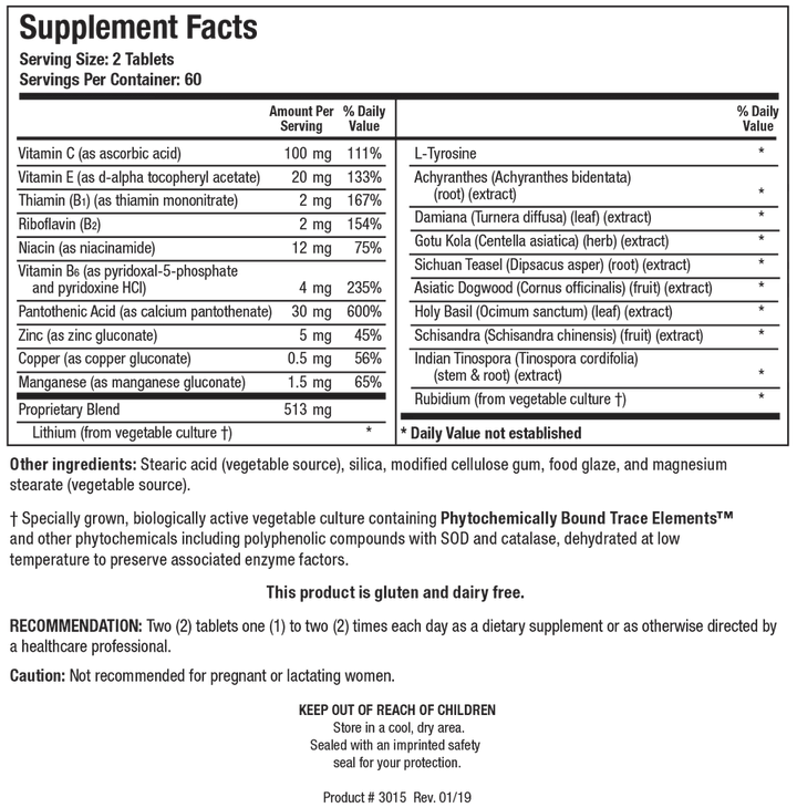 Supplement Facts label for Biotics Research ADHS showing a serving size of 2 tablets, containing vitamins (C, E, thiamin, riboflavin, niacin, B6, pantothenic acid), minerals (zinc, copper, manganese), L-Tyrosine, a 513 mg proprietary blend of herbal extracts (Achyranthes, Damiana, Gotu Kola, Sichuan Teasel, Asiatic Dogwood, Holy Basil, Schisandra, Indian Tinospora), and trace elements (rubidium and lithium) from vegetable culture.