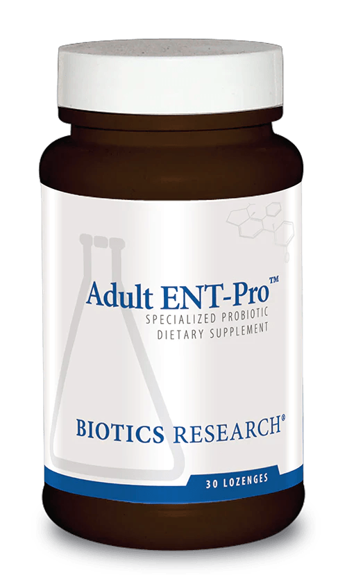Biotics Research Adult ENT-Pro specialized probiotic dietary supplement amber glass bottle featuring a white cap, white label with blue accents, a laboratory beaker graphic, and a 30 lozenges count.