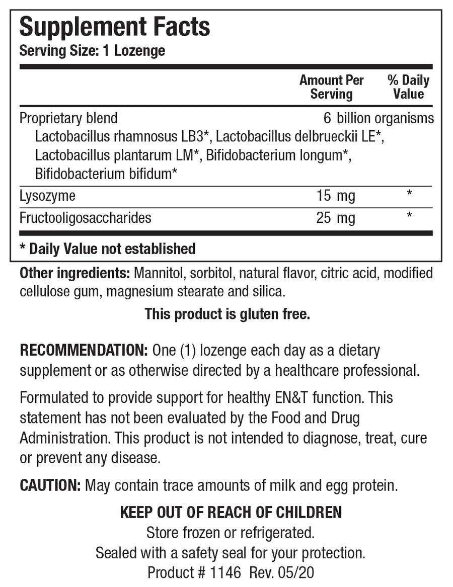 Supplement Facts label for Biotics Research Adult ENT-Pro showing a serving size of 1 lozenge, containing a 6 billion organisms proprietary blend of probiotics (Lactobacillus rhamnosus, Lactobacillus delbrueckii, Lactobacillus plantarum, Bifidobacterium longum, and Bifidobacterium bifidum), lysozyme, and fructooligosaccharides.