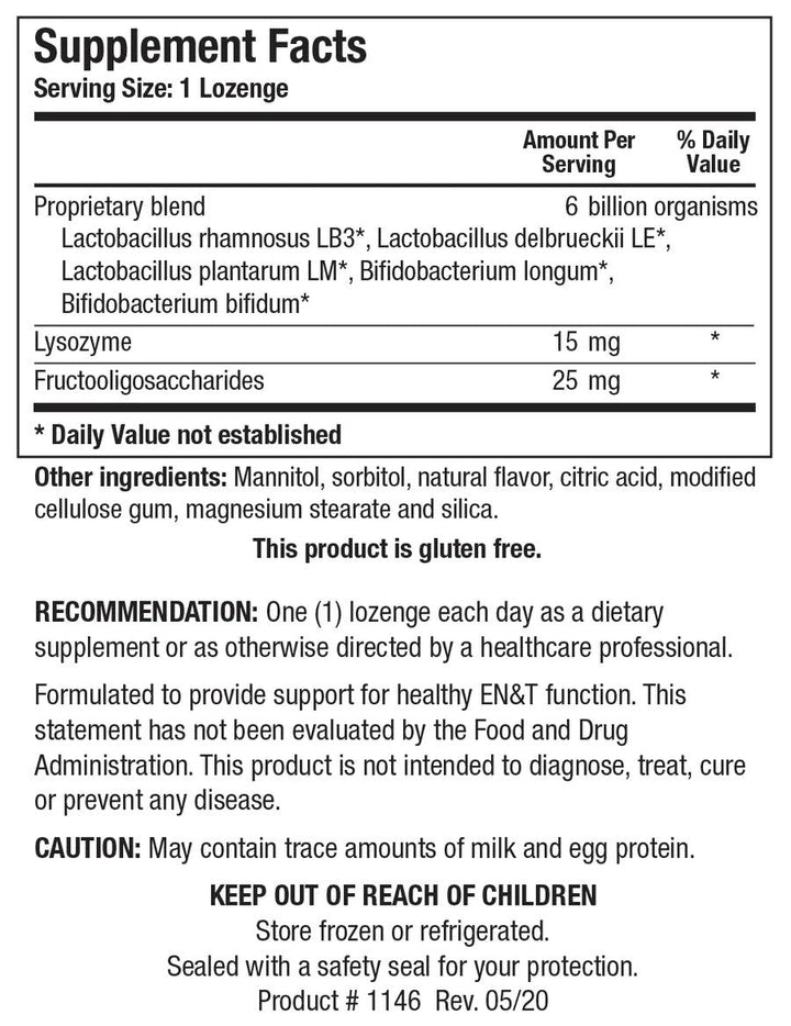 Supplement Facts label for Biotics Research Adult ENT-Pro showing a serving size of 1 lozenge, containing a 6 billion organisms proprietary blend of probiotics (Lactobacillus rhamnosus, Lactobacillus delbrueckii, Lactobacillus plantarum, Bifidobacterium longum, and Bifidobacterium bifidum), lysozyme, and fructooligosaccharides.