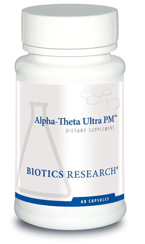 Biotics Research Alpha-Theta Ultra PM dietary supplement bottle featuring white packaging with blue accents, a laboratory beaker graphic, and a 60 capsules count