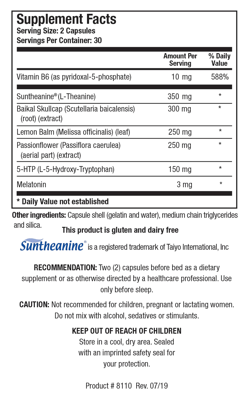 Supplement Facts label for Biotics Research Alpha-Theta Ultra PM showing a serving size of 2 capsules, containing Vitamin B6, Suntheanine (L-Theanine), Baikal Skullcap extract, Lemon Balm, Passionflower extract, 5-HTP, and melatonin.