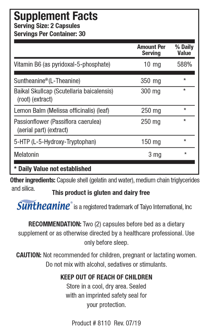 Supplement Facts label for Biotics Research Alpha-Theta Ultra PM showing a serving size of 2 capsules, containing Vitamin B6, Suntheanine (L-Theanine), Baikal Skullcap extract, Lemon Balm, Passionflower extract, 5-HTP, and melatonin.