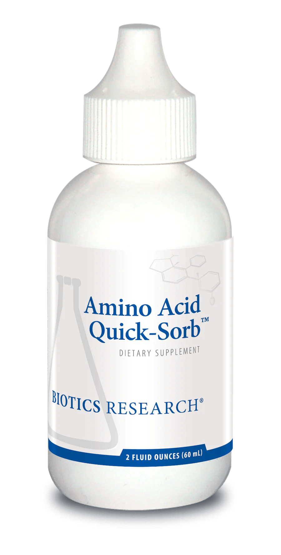 Biotics Research Amino Acid Quick-Sorb liquid dietary supplement bottle featuring white packaging with blue accents, a laboratory beaker graphic, a dropper cap, and a 2 fluid ounces (60 mL) volume.