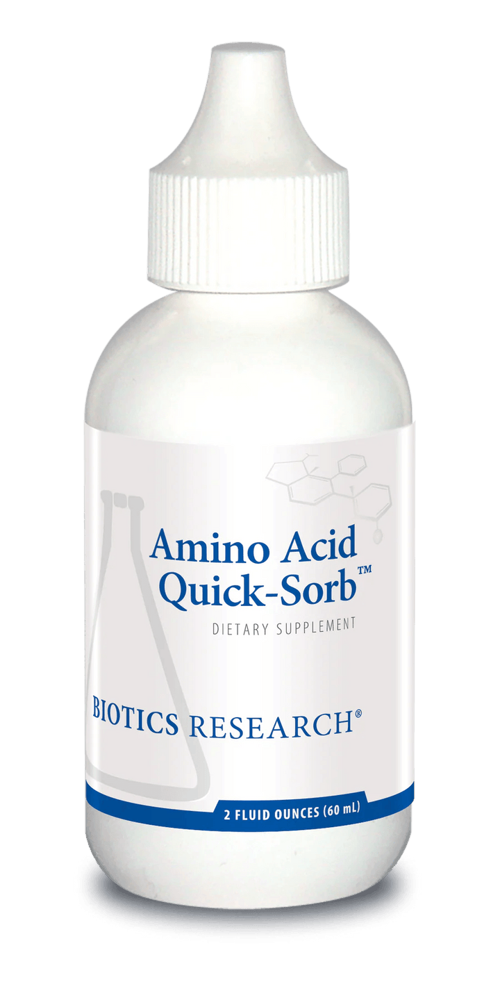 Biotics Research Amino Acid Quick-Sorb liquid dietary supplement bottle featuring white packaging with blue accents, a laboratory beaker graphic, a dropper cap, and a 2 fluid ounces (60 mL) volume.