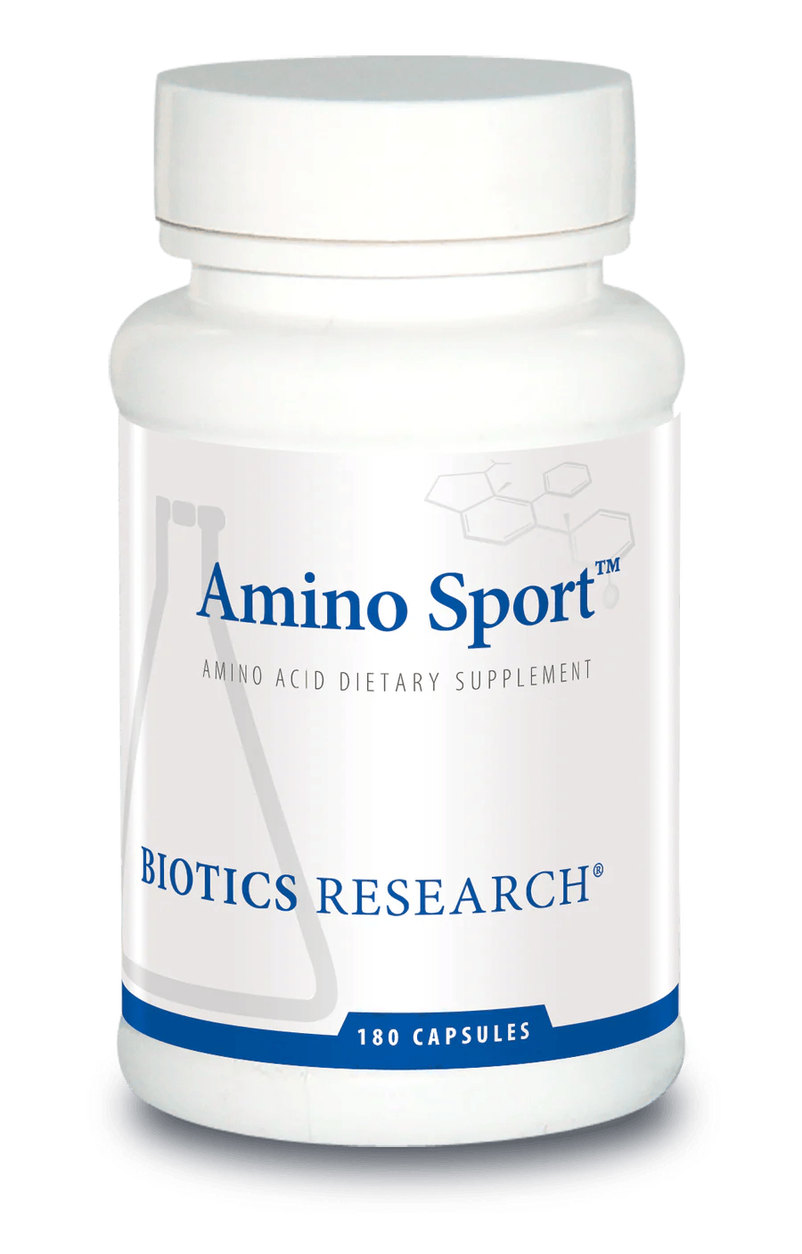 Biotics Research Amino Sport amino acid dietary supplement bottle featuring white packaging with blue accents, a laboratory beaker graphic, and a 180 capsules count.