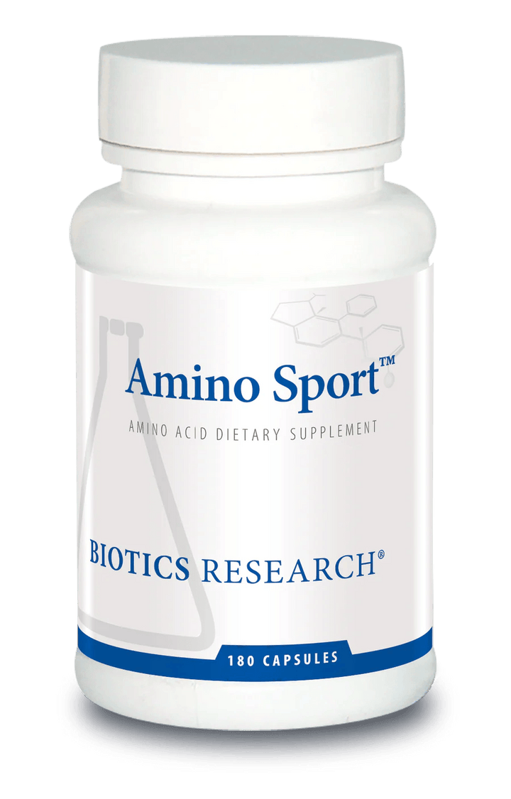 Biotics Research Amino Sport amino acid dietary supplement bottle featuring white packaging with blue accents, a laboratory beaker graphic, and a 180 capsules count.