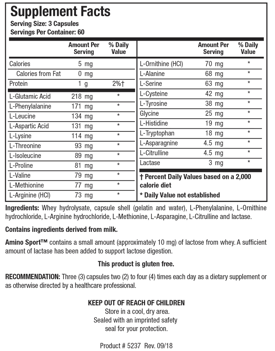 Supplement Facts label for Biotics Research Amino Sport showing a serving size of 3 capsules, containing a comprehensive amino acid profile derived from whey hydrolysate and added individual amino acids, plus lactase.