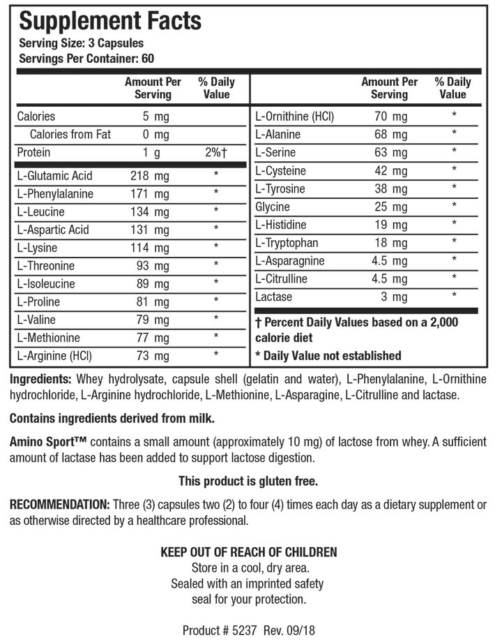 Supplement Facts label for Biotics Research Amino Sport showing a serving size of 3 capsules, containing a comprehensive amino acid profile derived from whey hydrolysate and added individual amino acids, plus lactase.