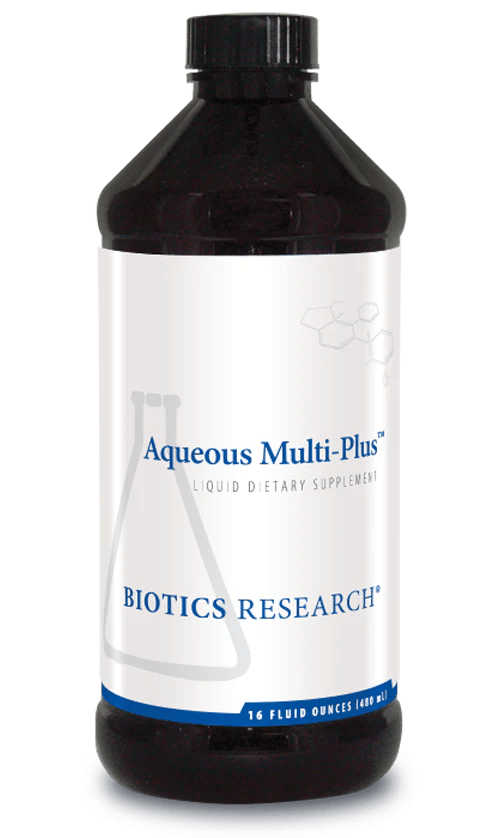 Biotics Research Aqueous Multi-Plus liquid dietary supplement amber glass bottle featuring a black cap, white label with blue accents, a laboratory beaker graphic, and a 16 fluid ounces (480 ml) volume