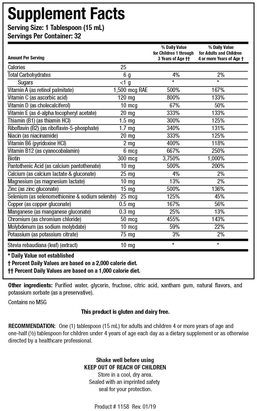 Supplement Facts label for Biotics Research Aqueous Multi-Plus showing a serving size of 1 tablespoon (15 mL), containing a comprehensive blend of vitamins (A, C, D, E, B-complex including thiamin, riboflavin, niacin, B6, B12, biotin, pantothenic acid) and minerals (calcium, magnesium, zinc, selenium, copper, manganese, chromium, molybdenum, potassium), along with stevia rebaudiana extract.