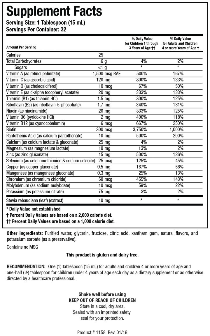 Supplement Facts label for Biotics Research Aqueous Multi-Plus showing a serving size of 1 tablespoon (15 mL), containing a comprehensive blend of vitamins (A, C, D, E, B-complex including thiamin, riboflavin, niacin, B6, B12, biotin, pantothenic acid) and minerals (calcium, magnesium, zinc, selenium, copper, manganese, chromium, molybdenum, potassium), along with stevia rebaudiana extract.