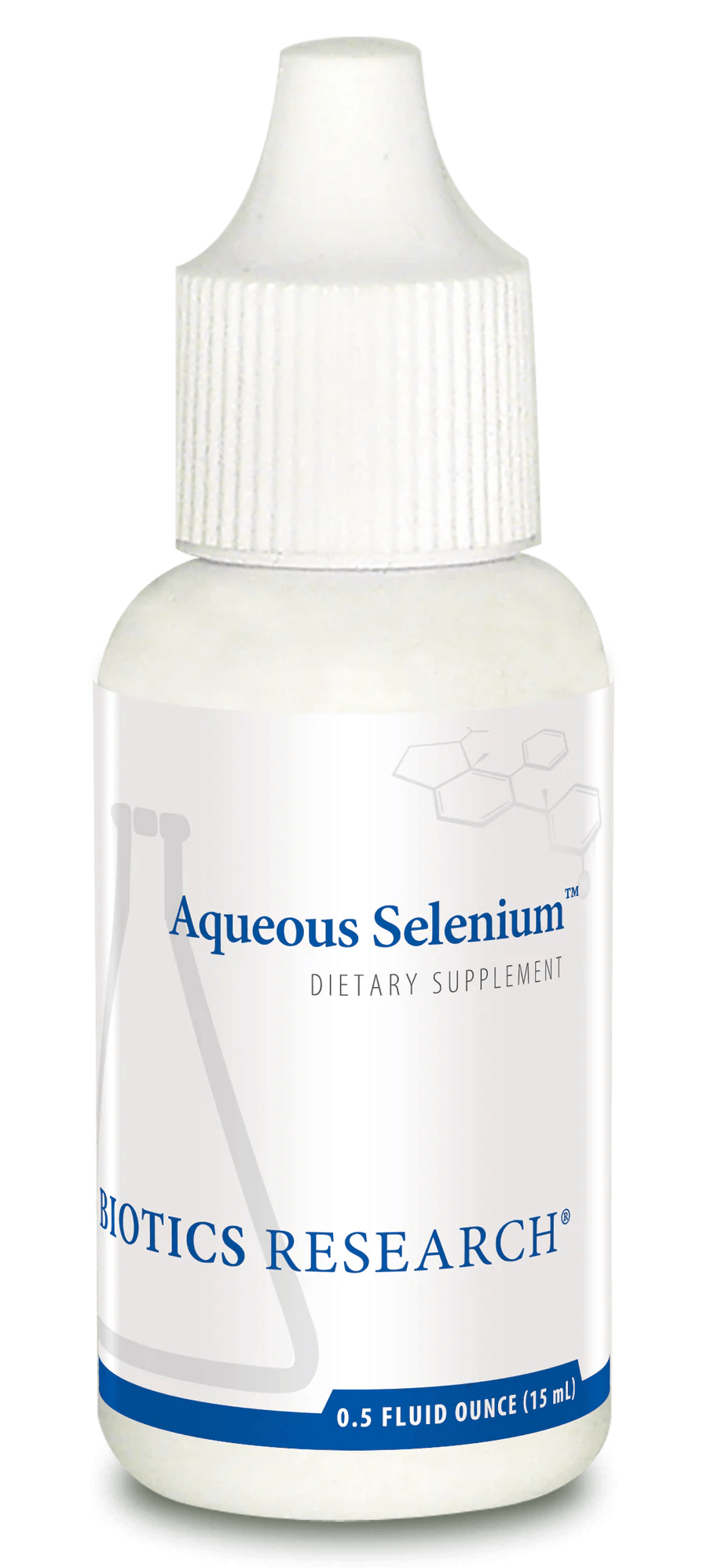 Biotics Research Aqueous Selenium dietary supplement dropper bottle featuring white packaging with blue accents, a laboratory beaker graphic, and a 0.5 fluid ounce (15 ml) volume.