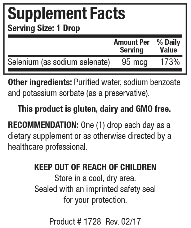 Supplement Facts label for Aqueous Selenium showing a serving size of 1 drop, containing selenium as sodium selenate.