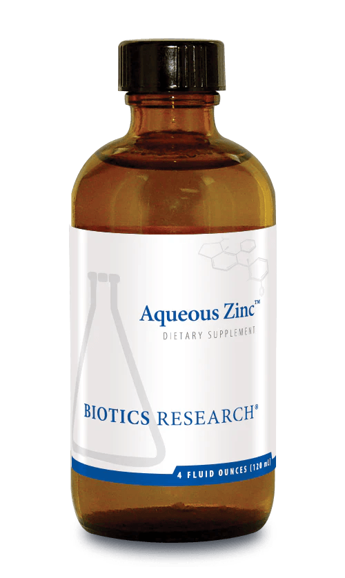 Biotics Research Aqueous Zinc dietary supplement amber glass bottle featuring a black cap, white label with blue accents, a laboratory beaker graphic, and a 4 fluid ounces (120 ml) volume.