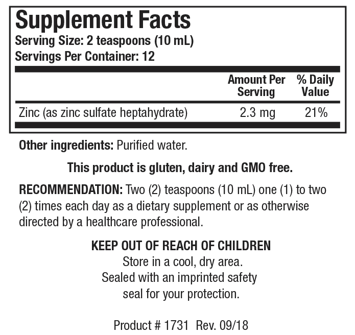 Supplement Facts label for Aqueous Zinc showing a serving size of 2 teaspoons (10 mL), containing zinc as zinc sulfate heptahydrate.
