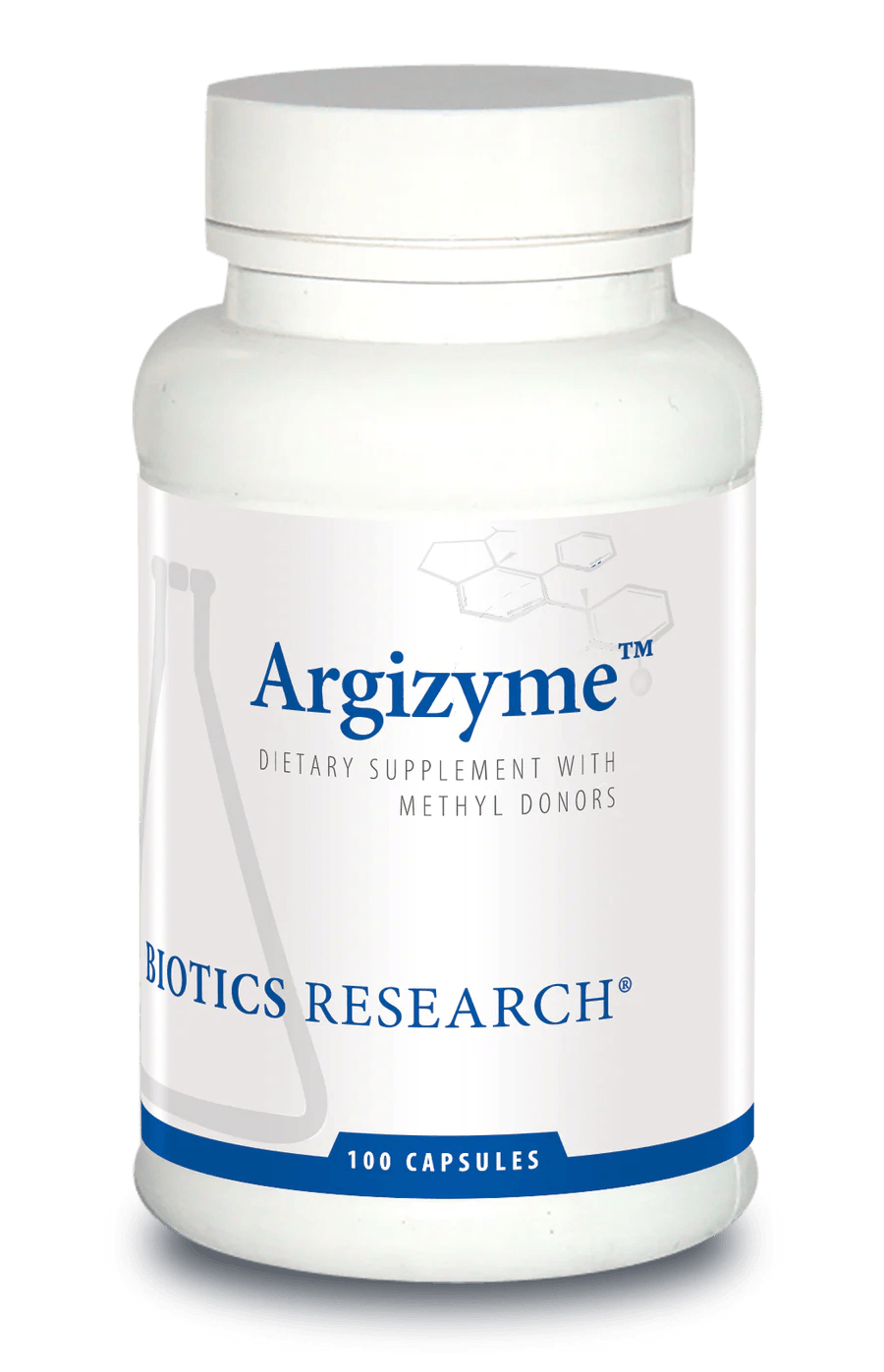 Biotics Research Argizyme dietary supplement bottle featuring white packaging with blue accents, a laboratory beaker graphic, methyl donors highlights, and a 100 capsules count.