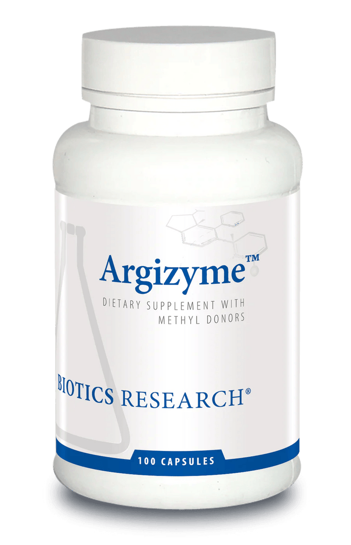 Biotics Research Argizyme dietary supplement bottle featuring white packaging with blue accents, a laboratory beaker graphic, methyl donors highlights, and a 100 capsules count.