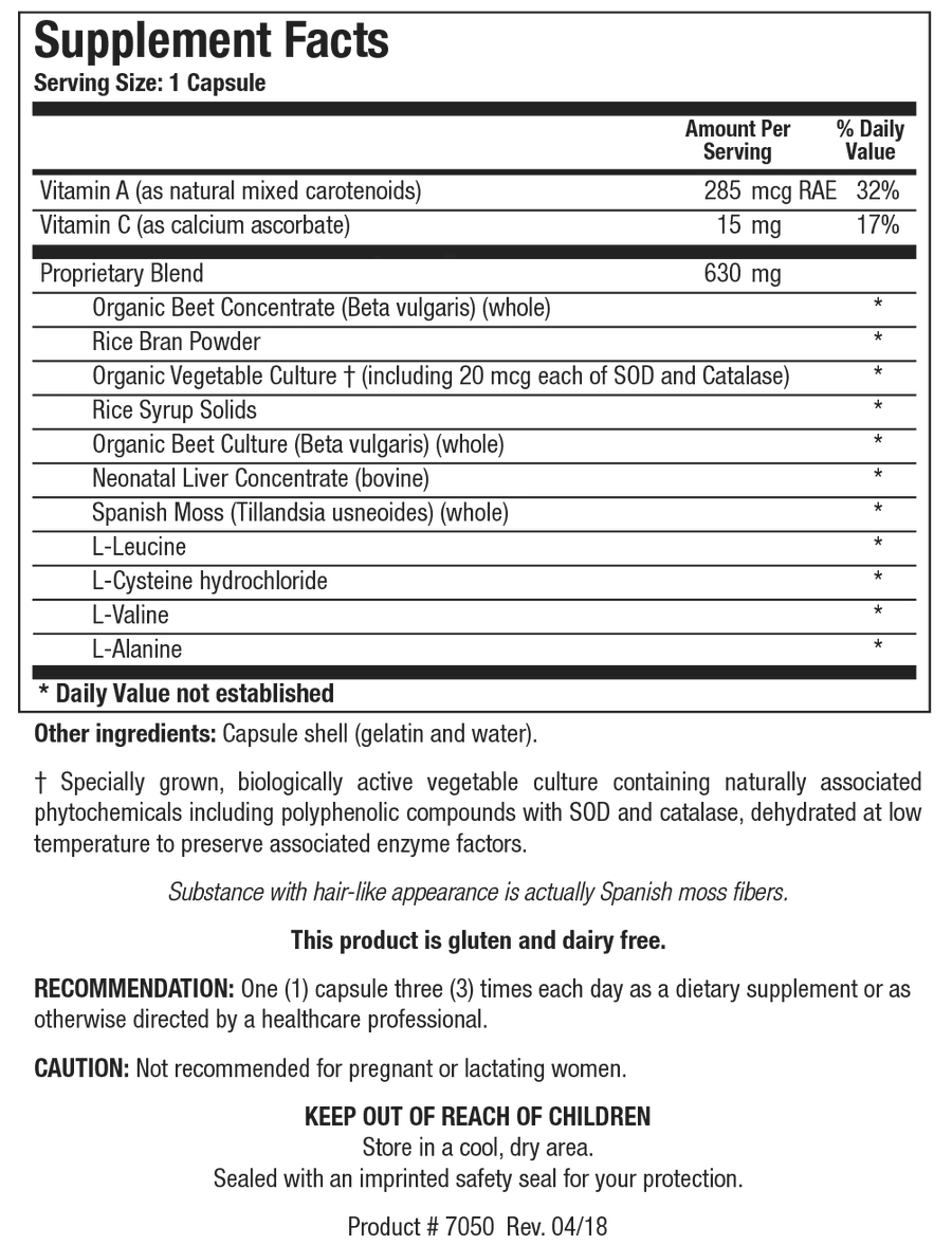 Supplement Facts label for Argizyme showing a serving size of 1 capsule, containing Vitamin A, Vitamin C, and a proprietary blend of organic beet concentrate, rice bran powder, organic vegetable culture with SOD and catalase, rice syrup solids, organic beet culture, neonatal bovine liver concentrate, Spanish moss, and amino acids (L-leucine, L-cysteine hydrochloride, L-valine, and L-alanine).