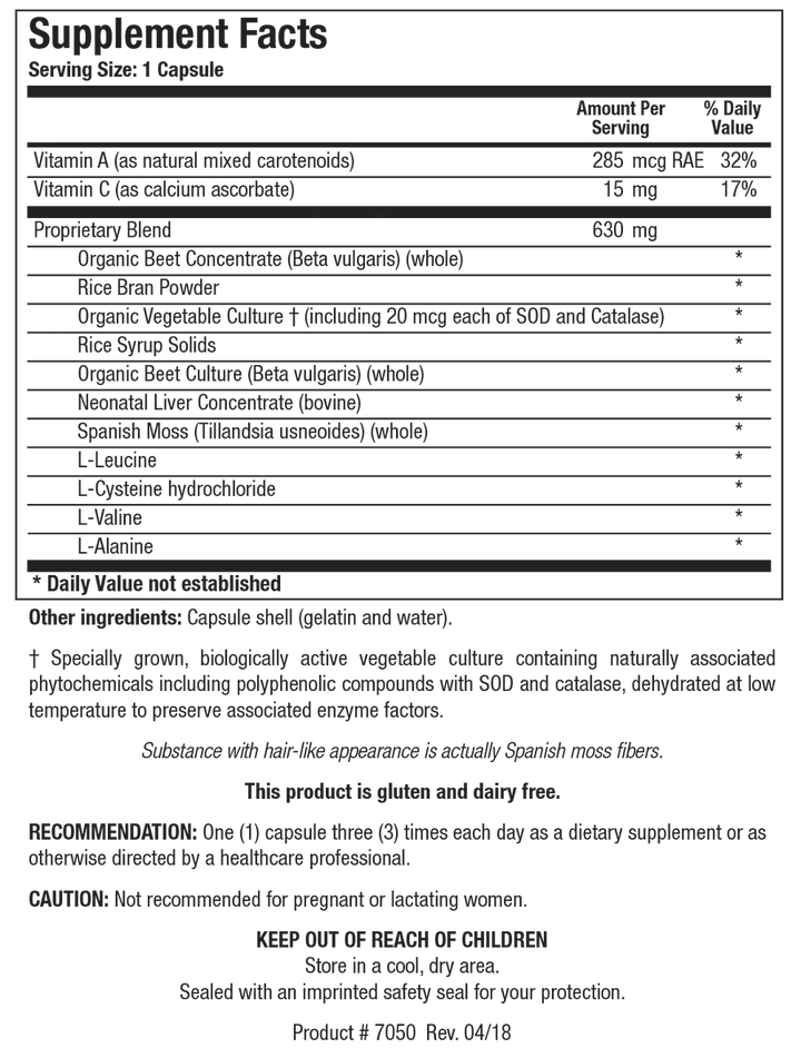 Supplement Facts label for Argizyme showing a serving size of 1 capsule, containing Vitamin A, Vitamin C, and a proprietary blend of organic beet concentrate, rice bran powder, organic vegetable culture with SOD and catalase, rice syrup solids, organic beet culture, neonatal bovine liver concentrate, Spanish moss, and amino acids (L-leucine, L-cysteine hydrochloride, L-valine, and L-alanine).