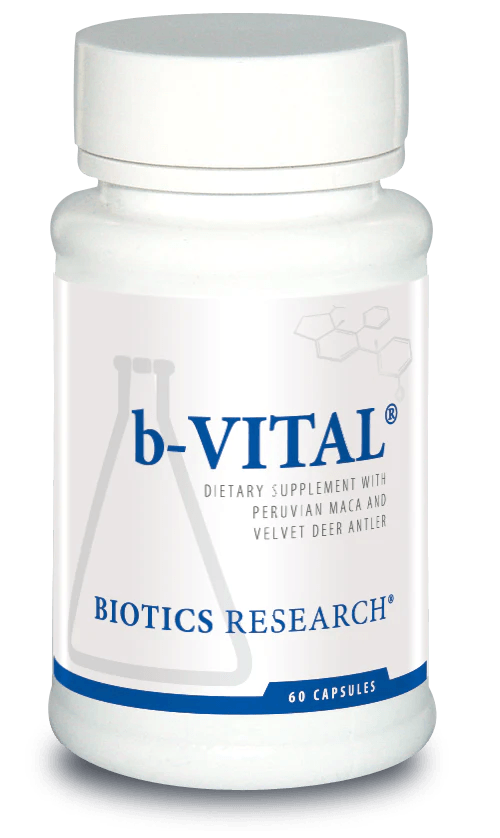 Biotics Research b-Vital dietary supplement bottle featuring white packaging with blue accents, a laboratory beaker graphic, Peruvian maca and velvet deer antler highlights, and a 60 capsules count.