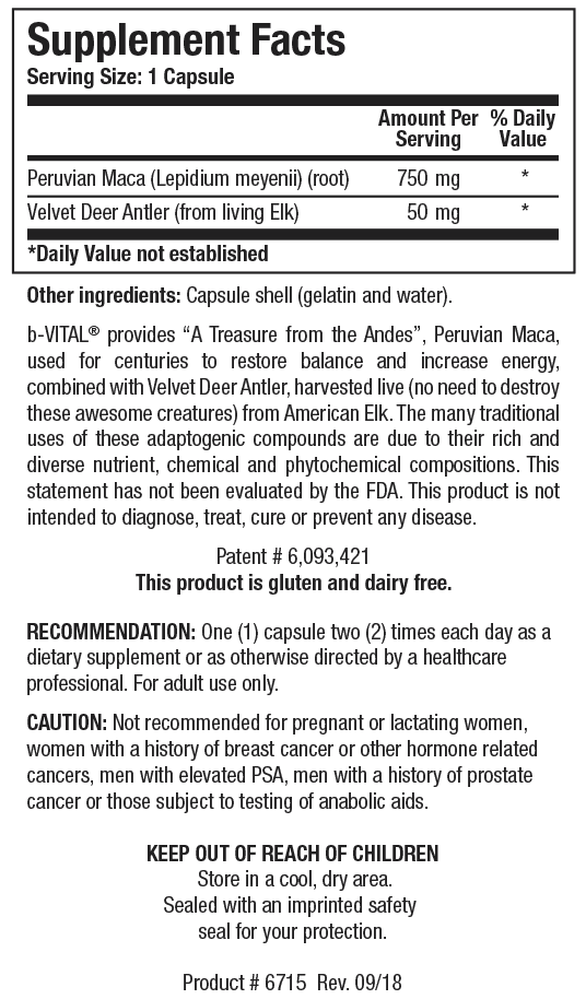 Supplement Facts label for b-Vital showing a serving size of 1 capsule, containing Peruvian Maca (root) and Velvet Deer Antler from living elk.