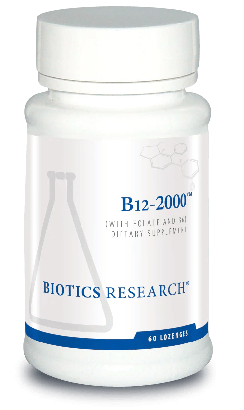 Biotics Research B12-2000 dietary supplement bottle featuring white packaging with blue accents, a laboratory beaker graphic, folate and B6 highlights, and a 60 lozenges count