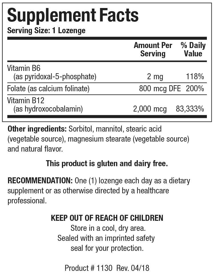 Supplement Facts label for B12-2000 showing a serving size of 1 lozenge, containing vitamin B6 as pyridoxal-5-phosphate, folate as calcium folinate, and vitamin B12 as hydroxocobalamin.