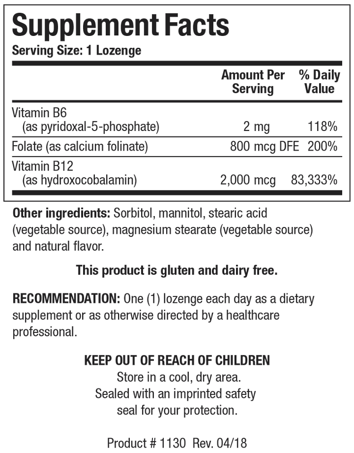 Supplement Facts label for B12-2000 showing a serving size of 1 lozenge, containing vitamin B6 as pyridoxal-5-phosphate, folate as calcium folinate, and vitamin B12 as hydroxocobalamin.