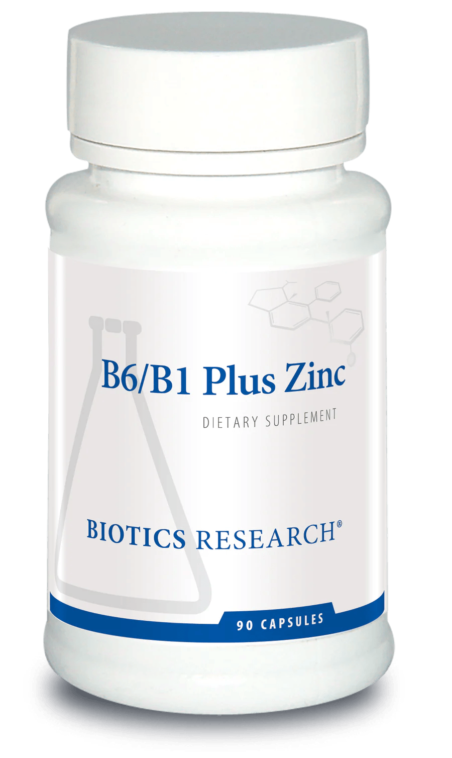 Biotics Research B6/B1 Plus Zinc dietary supplement bottle featuring white packaging with blue accents, a laboratory beaker graphic, and a 90 capsules count