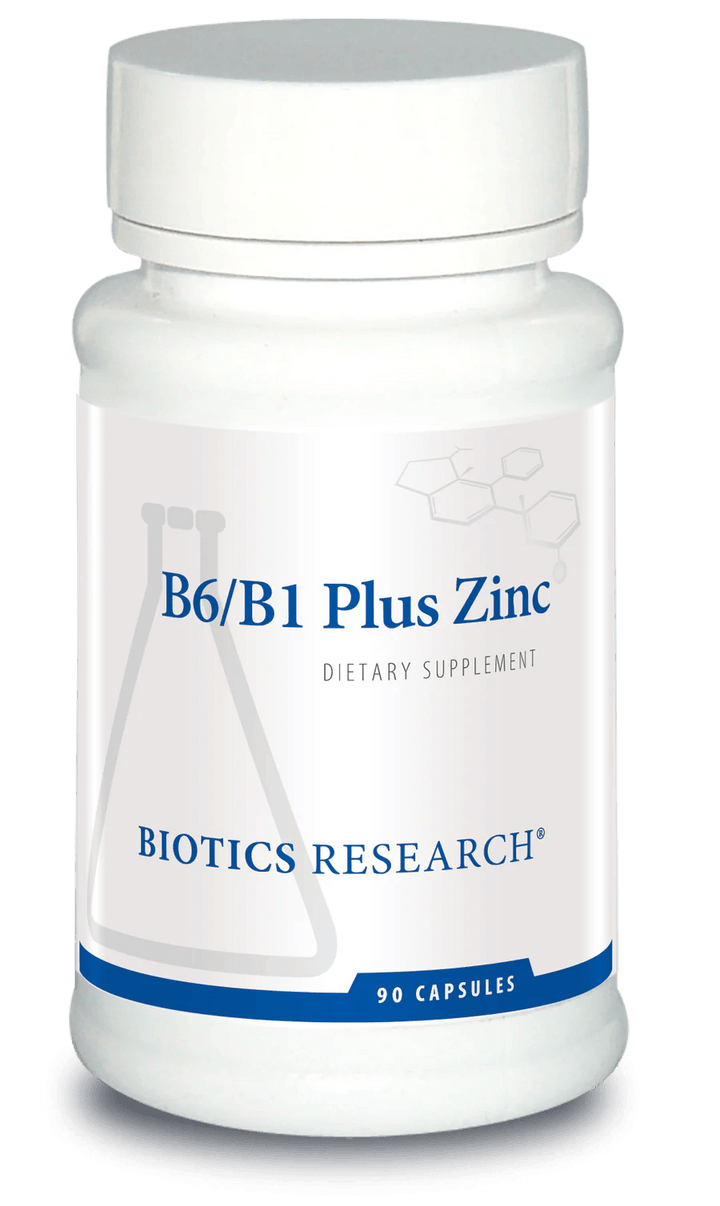 Biotics Research B6/B1 Plus Zinc dietary supplement bottle featuring white packaging with blue accents, a laboratory beaker graphic, and a 90 capsules count