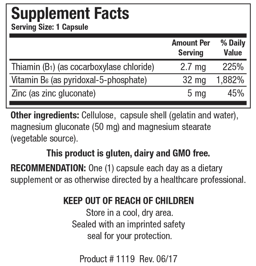Supplement Facts label for B6/B1 Plus Zinc showing a serving size of 1 capsule, containing thiamin as cocarboxylase chloride, vitamin B6 as pyridoxal-5-phosphate, and zinc as zinc gluconate