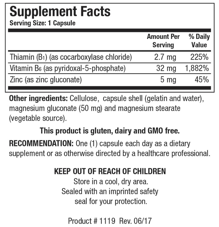 Supplement Facts label for B6/B1 Plus Zinc showing a serving size of 1 capsule, containing thiamin as cocarboxylase chloride, vitamin B6 as pyridoxal-5-phosphate, and zinc as zinc gluconate