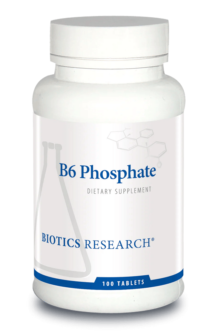 Biotics Research B6 Phosphate dietary supplement bottle featuring white packaging with blue accents, a laboratory beaker graphic, and a 100 tablets count.