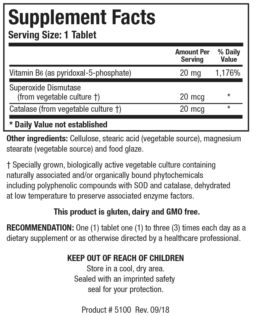 Supplement Facts label for B6 Phosphate showing a serving size of 1 tablet, containing vitamin B6 as pyridoxal-5-phosphate, along with superoxide dismutase and catalase from vegetable culture
