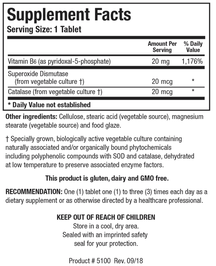 Supplement Facts label for B6 Phosphate showing a serving size of 1 tablet, containing vitamin B6 as pyridoxal-5-phosphate, along with superoxide dismutase and catalase from vegetable culture