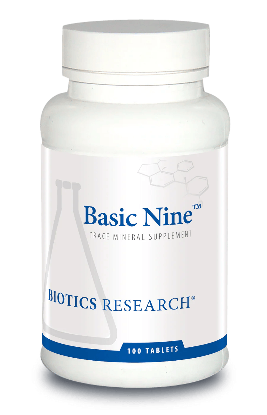 Biotics Research Basic Nine trace mineral supplement bottle featuring white packaging with blue accents, a laboratory beaker graphic, and a 100 tablets count.