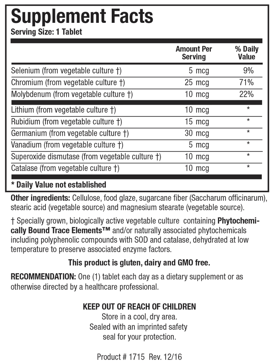 Supplement Facts label for Basic Nine showing a serving size of 1 tablet, containing trace minerals including selenium, chromium, molybdenum, lithium, rubidium, germanium, and vanadium from vegetable culture, along with superoxide dismutase and catalase