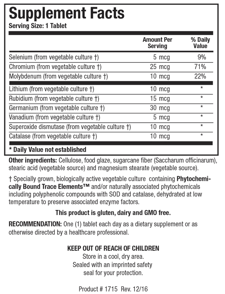 Supplement Facts label for Basic Nine showing a serving size of 1 tablet, containing trace minerals including selenium, chromium, molybdenum, lithium, rubidium, germanium, and vanadium from vegetable culture, along with superoxide dismutase and catalase